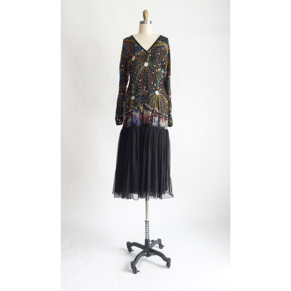 Judith Ann Creations vtg black‎ silk hand beaded fireworks dress S-M - Picture 2 of 9